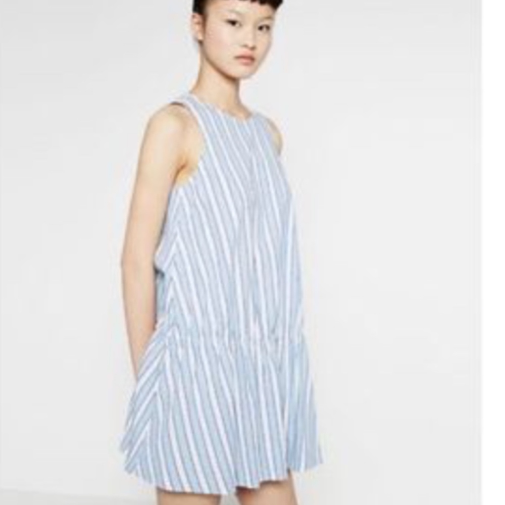 Zara Drop Ruffle Hem Mini Dress blue and white